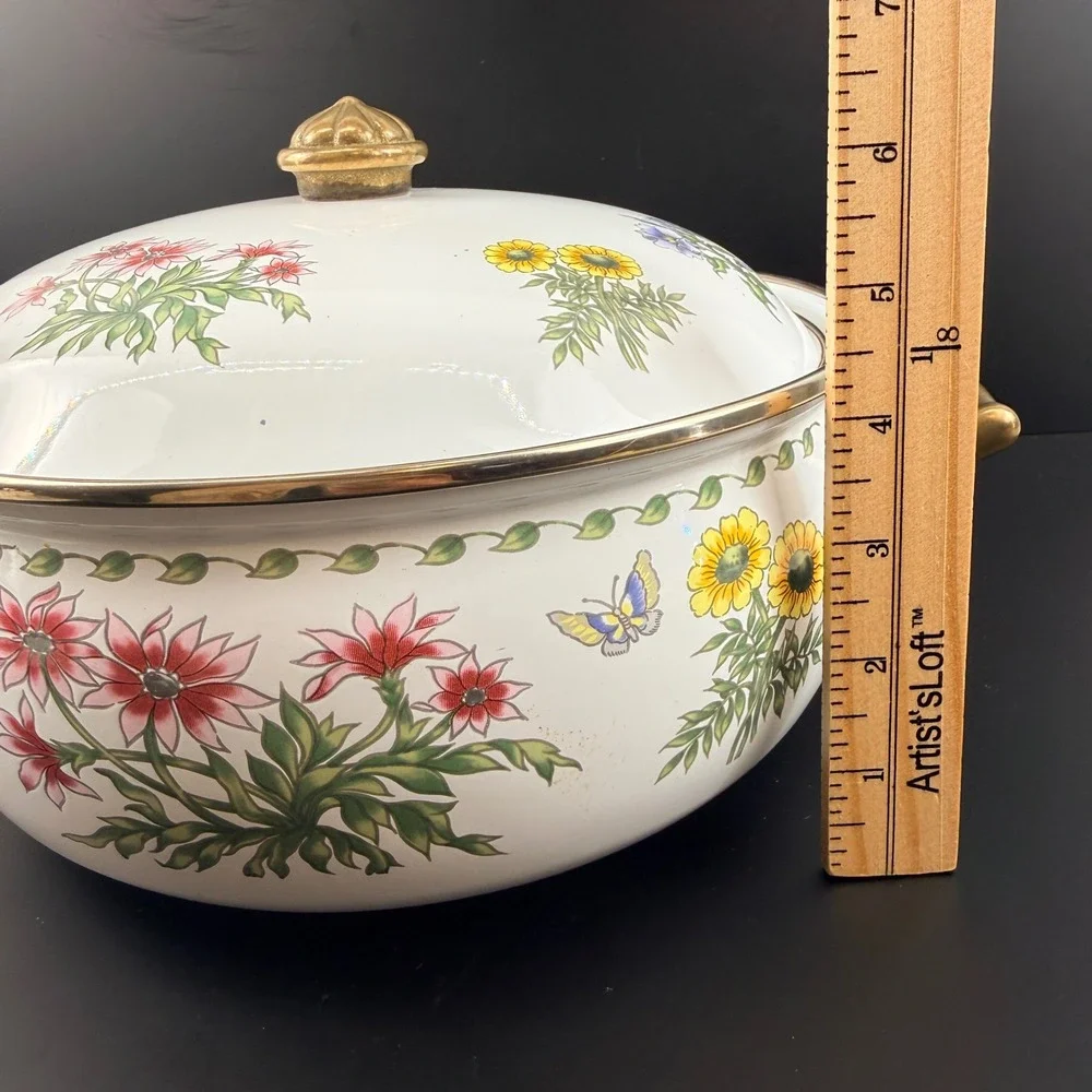 Vintage Regency Club Enamel Dutch Oven Floral Butterfly Brass Handles 10